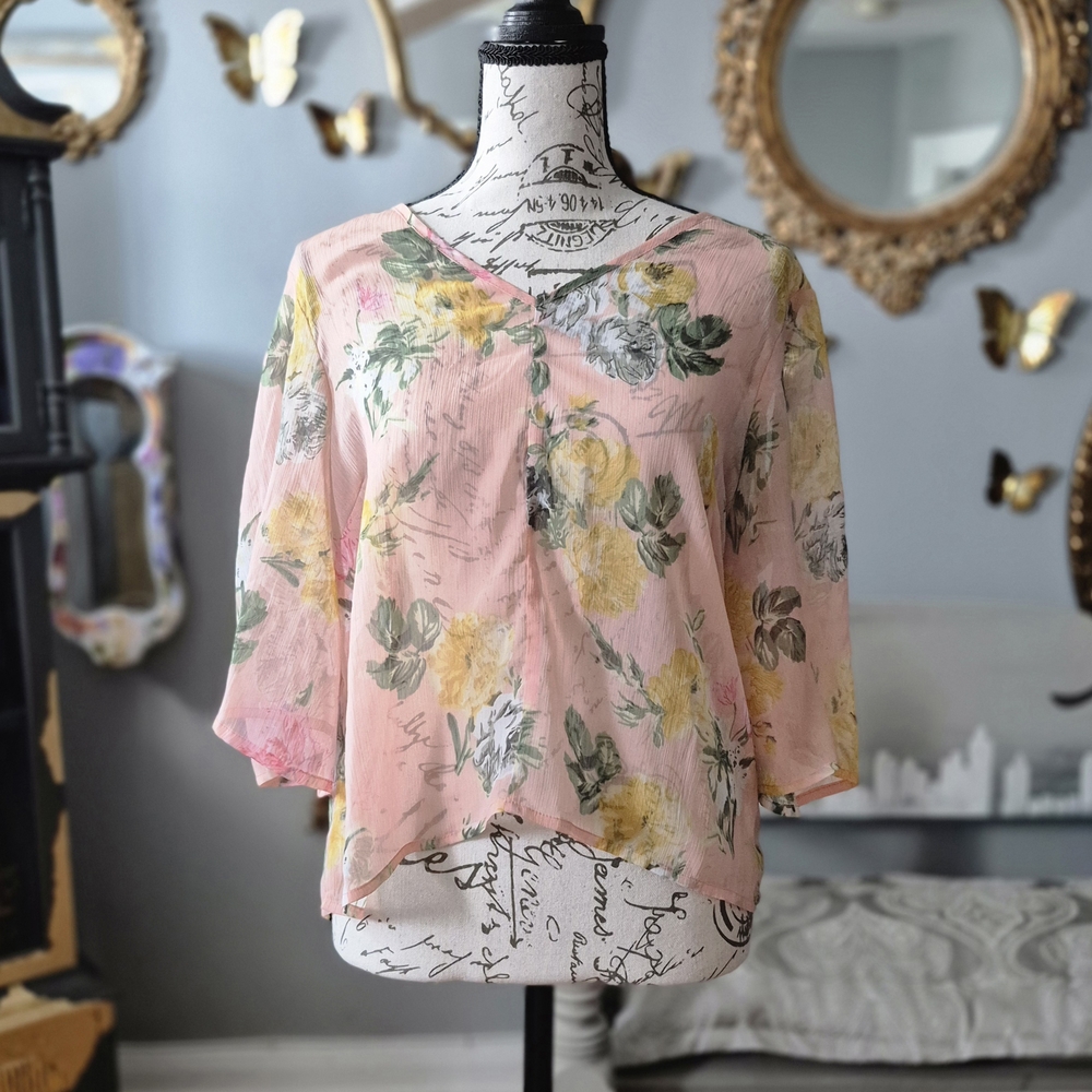 Tramp Retro Pink Floral Sheer Blouse Medium